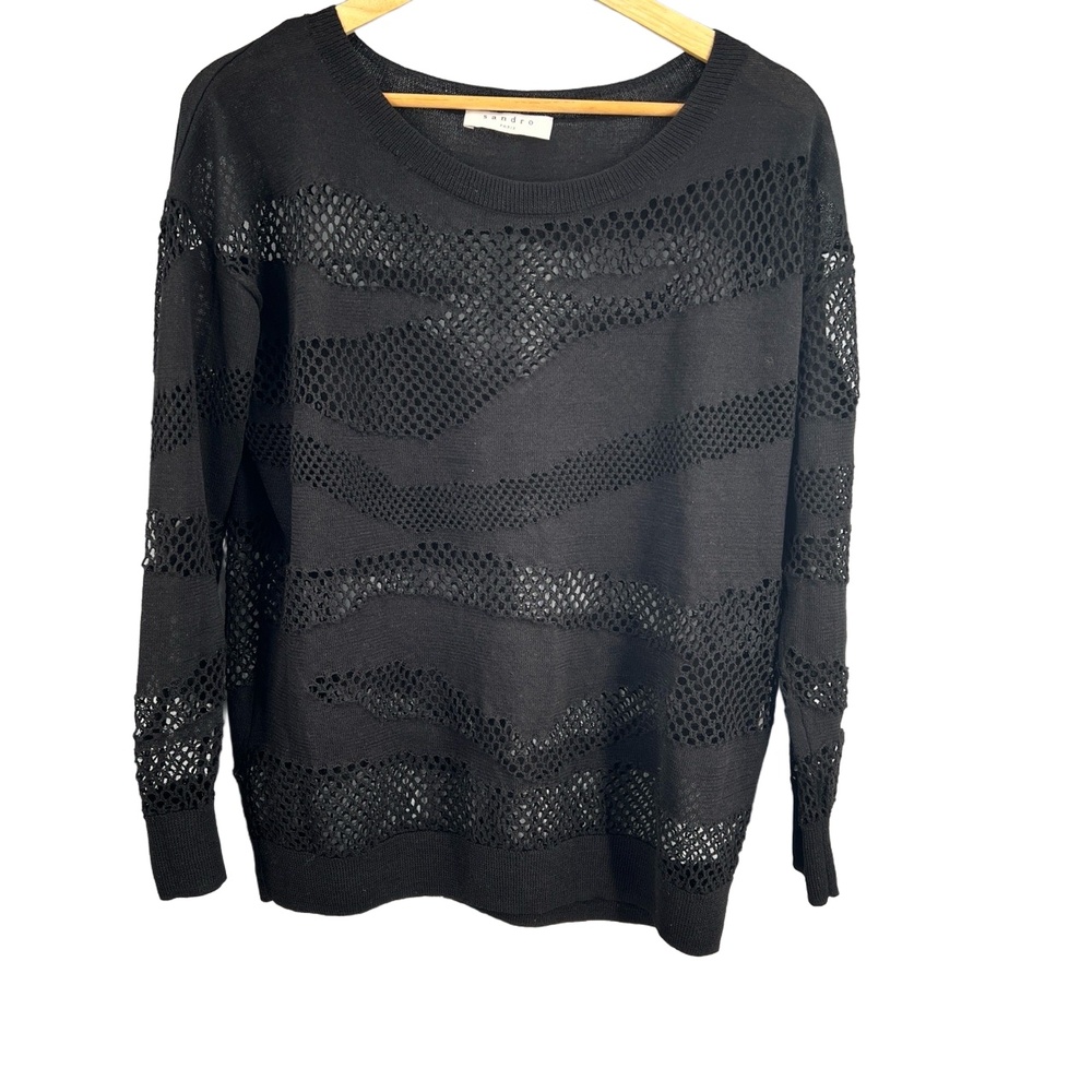 Sandro Paris Sweater Open Knit Pullover Black Mesh Relaxed Fit Size 2 (M)